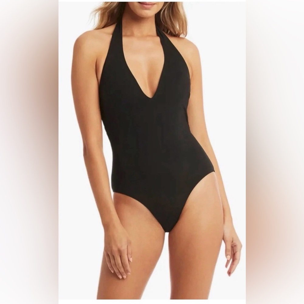 Sea Level Australia Plunge Halter Dark Romance Swimsuit One Piece 8